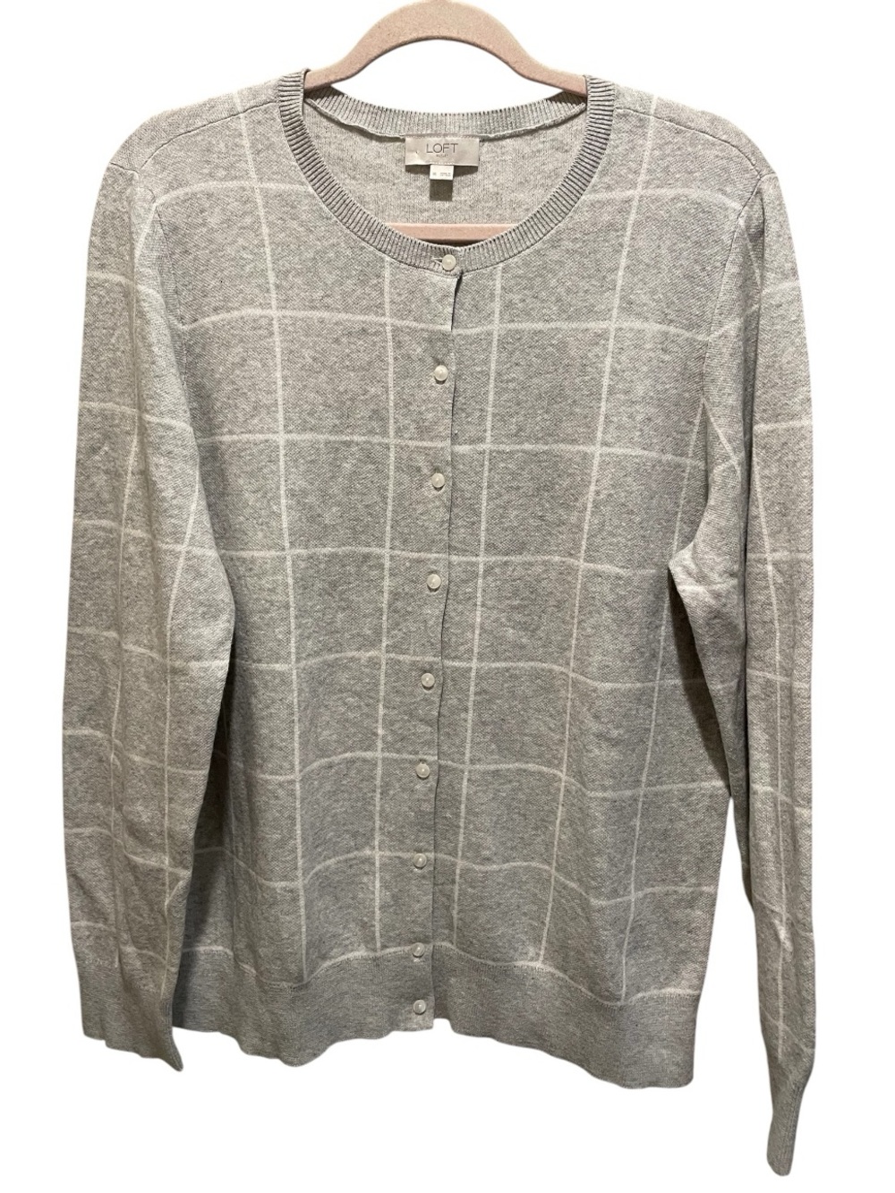 LOFT gray knit cardigan in classic white windowpane grid. Size XL.